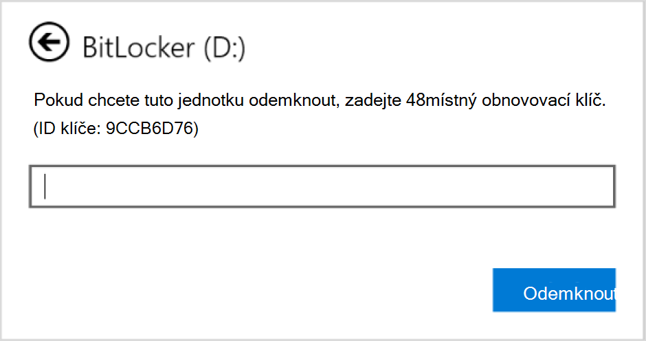 Snímek obrazovky s dialogovým oknem pro zadání obnovení nástroje BitLocker pro datovou jednotku