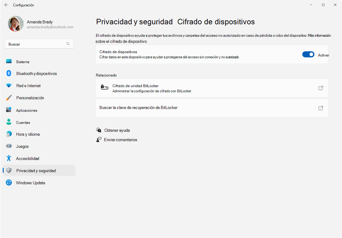 Captura de pantalla de Configuración: cifrado de dispositivo.