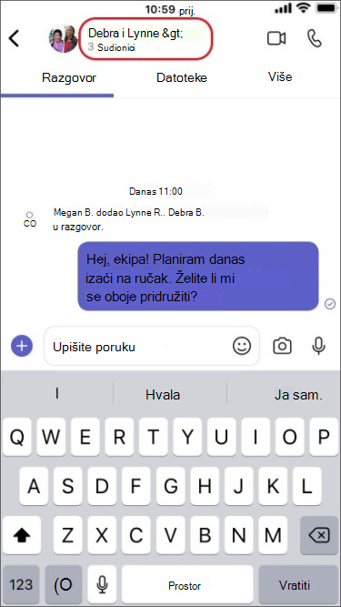 dodirnite imena sudionika grupnog čavrljanja na mobilnom uređaju