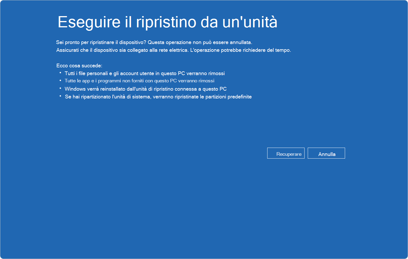 Screenshot dell'Ambiente ripristino Windows che mostra la conferma del ripristino da un'unità