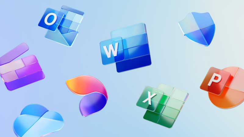 Obraz przedstawiający unoszące się w przestrzeni logo różnych aplikacji Microsoft 365