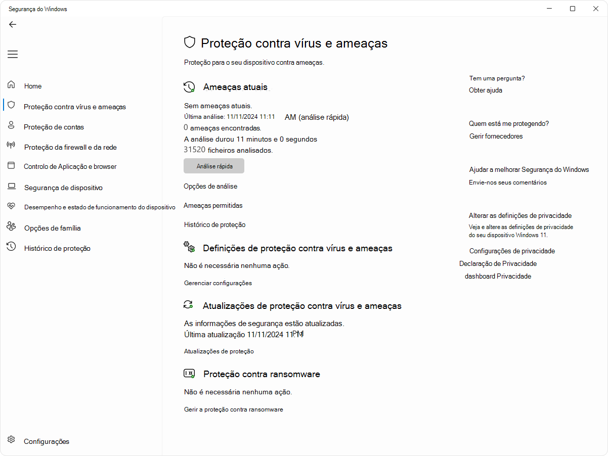 Captura de tela da página de proteção contra vírus e ameaças do aplicativo Segurança do Windows.