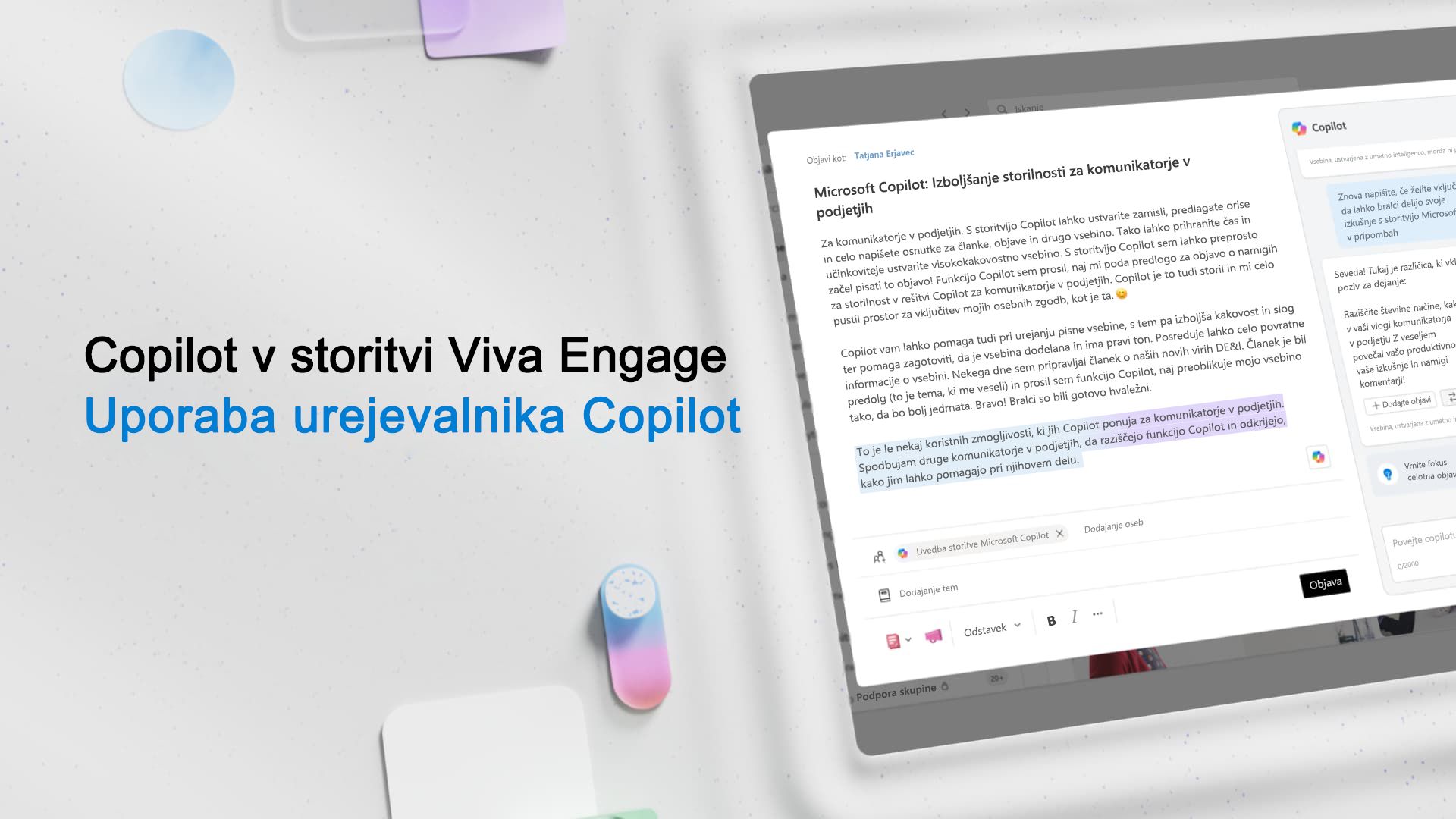 Videoposnetek: Uporaba urejevalnika rešitve Copilot v Viva Engage