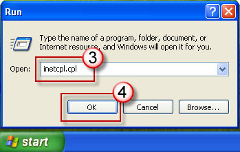 Klicka på Start i Windows XP, klicka på Kör, skriv inetcpl.cpl i rutan Öppna och tryck sedan på RETUR