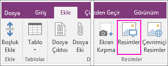 OneNote 2016’daki Resim Ekle düğmesinin ekran görüntüsü.